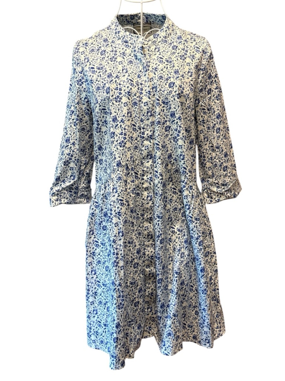 Tuckernuck Blue White Floral Cotton Swing Shirtdress 3/4 Sleeve Mini Size M